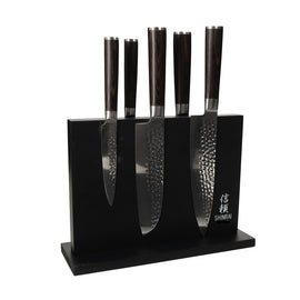 Shinrai Japan - Juego de cuchillos Hammered Damask BR de 5 piezas + bloque de cuchillos magnético de doble cara - Negro Shinrai Japan - Juego de cuchillos Hammered Damask BR de 5 piezas + bloque de cuchillos magnético de doble cara - Negro