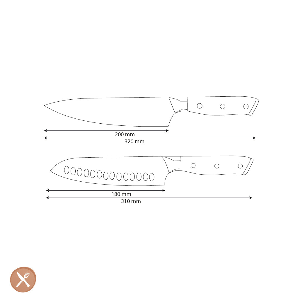 Cuchillos Shinrai - Juego de 2 cuchillos de Damasco con joyas de nácar - Cuchillo de chef + cuchillo Santoku