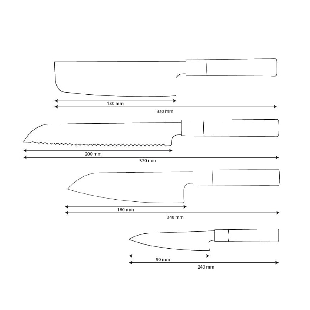 Cuchillos Shinrai - Juego de cuchillos Damasco Takumi Kaza de 4 piezas - Santoku + Cuchillo para pan + Nakiri + Cuchillo pelador
