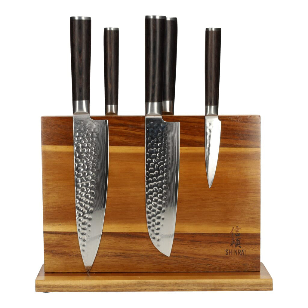 Shinrai Japón - Juego de cuchillos BR de Damasco martillado de 5 piezas + bloque de cuchillos magnético