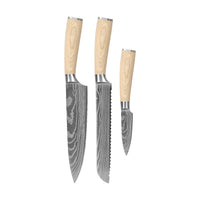Cuchillos Shinrai - Juego de 3 piezas con estampado de Damasco Akari - Cuchillo de chef + Cuchillo para pan + Cuchillo pelador