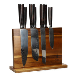 Juego de cuchillos Estampado Damasco 7 piezas + Soporte Acacia Doble cara Juego de cuchillos de 7 piezas con estampado de Damasco + bloque magnético para cuchillos Juego de cuchillos de doble cara con bloque Shinrai Japón