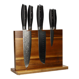 Shinrai Japan - Juego de cuchillos de madera Damasco Pakka de 6 piezas + bloque magnético para cuchillos Juego de cuchillos de 6 piezas de madera de Damasco Pakka + bloque magnético para cuchillos Juego de cuchillos con bloque Shinrai Japón