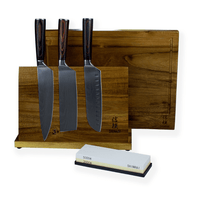 Juego de cuchillos de 3 piezas con estampado damasco - Oferta combinada Juego de cuchillos XXXL con bloque, tabla de cortar y piedra de afilar Shinrai Knives