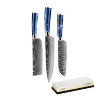 Juego de cuchillos Epoxy Sapphire de 3 piezas - Oferta combinada Juego de cuchillos XL con piedra de afilar Shinrai Knives