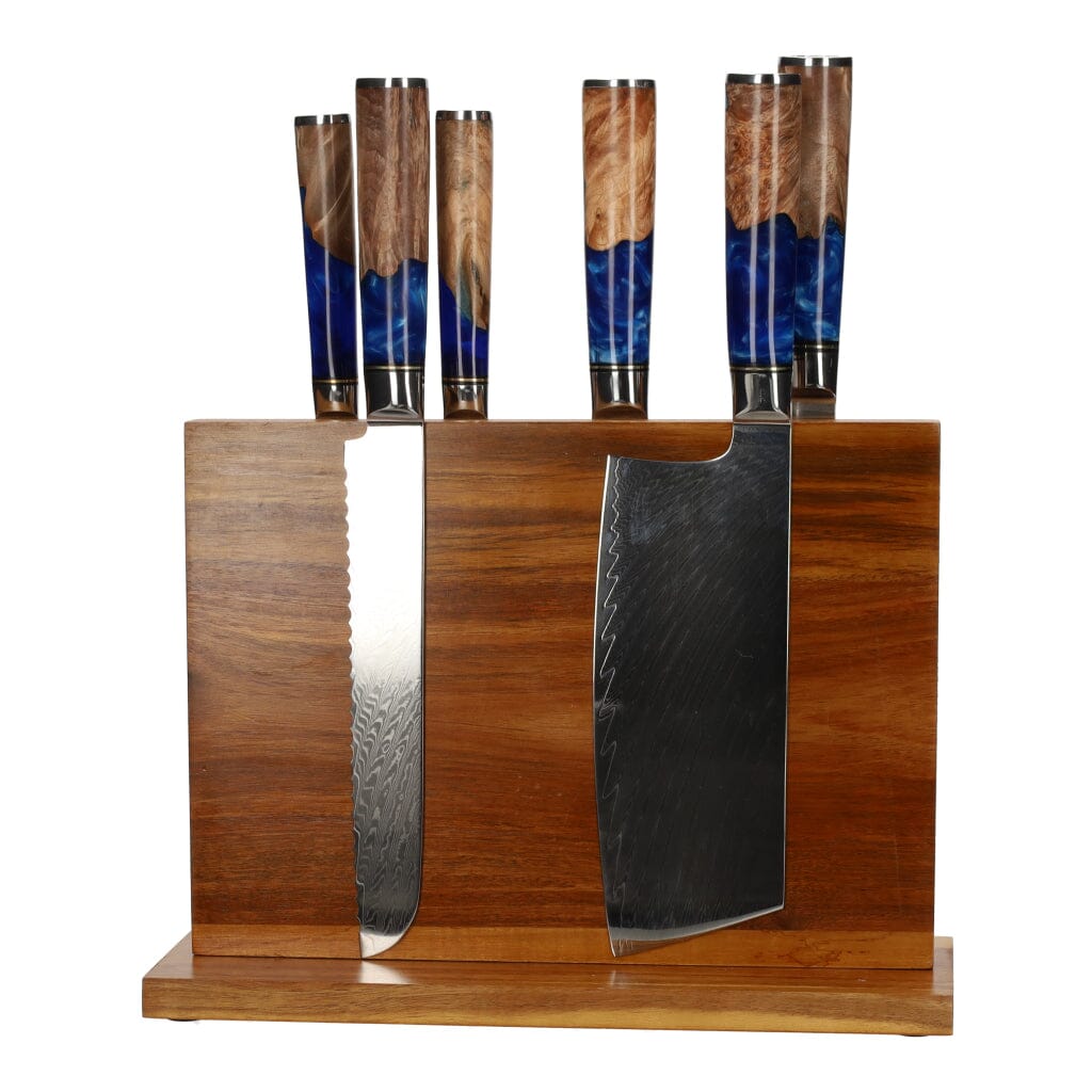Juego de 6 cuchillos de Damasco de zafiro epoxi + bloque magnético para cuchillos Juego de cuchillos con bloque Shinrai Japón