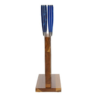 Juego de cuchillos de 6 piezas con estampado de damasco y zafiro epoxi + soporte de acacia Juego de cuchillos de doble cara con bloque Shinrai Japón