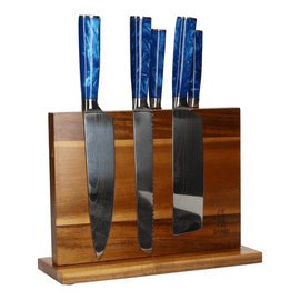 Shinrai Japan - Juego de cuchillos de 6 piezas con estampado Epoxy Sapphire Damascus + soporte de acacia de doble cara Epoxy Sapphire Damascus Print 6-delige Messenset + Acacia houder dubbelzijdig Messenset met blok Shinrai Knives