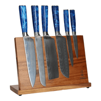 Juego de cuchillos de 6 piezas con estampado de Damasco de zafiro epoxi + juego de cuchillos con soporte de madera de acacia de un solo lado con bloque Shinrai Knives
