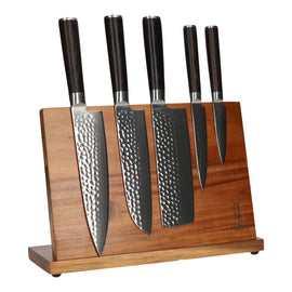 Shinrai Japón - Juego de cuchillos BR de Damasco martillado de 5 piezas + bloque de cuchillos magnético Juego de cuchillos de 5 piezas Hammered Damask BR + bloque magnético para cuchillos Juego de cuchillos con bloque Shinrai Japón