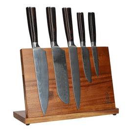 Juego de cuchillos estampado Damasco 5 piezas + Soporte Acacia Una cara Shinrai Japón - Juego de cuchillos de una sola cara con bloque magnético y estampado de Damasco de 5 piezas Shinrai Japón