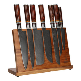 Micarta Jewels Juego de Cuchillos Damasco de 7 Piezas + Soporte de Acacia de una sola cara Shinrai Japón - Juego de 7 cuchillos de Damasco Micarta Jewels + Bloque magnético para cuchillos (juego de cuchillos de una sola cara con bloque) Shinrai Japón