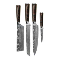 Juego de cuchillos Shinrai Knives - Juego de 4 cuchillos con estampado de Damasco - Cuchillo de chef + Cuchillo de pan + Cuchillo nakiri + Cuchillo pelador.