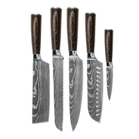 Shinrai Knives - Juego de cuchillos de 5 piezas con estampado de Damasco - Cuchillo de chef + Cuchillo para pan + Nakiri + Santoku + Cuchillo para pelar Shinrai Knives Knife Set