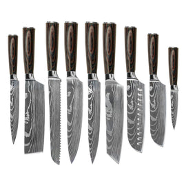 Shinrai Japón - Juego de cuchillos de 9 piezas con estampado de Damasco Shinrai Knives - Damascus Print 9-delige Messenset Messenset Shinrai Knives