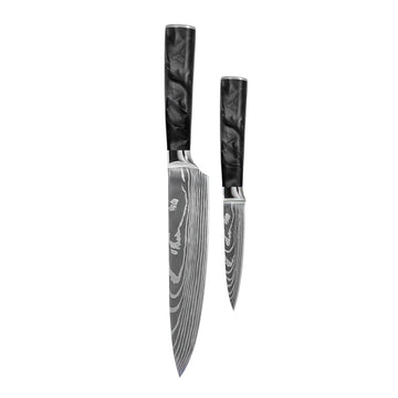 Shinrai Knives - Damascus Print Epoxy Onyx 2-delige Messenset - Koksmes + Schilmes Messenset Shinrai Knives