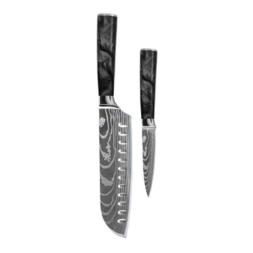 Shinrai Knives - Damascus Print Epoxy Onyx 2-delige Messenset - Santoku + Schilmes Messenset Shinrai Knives