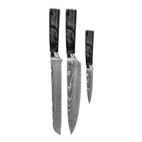 Juego de cuchillos Shinrai - Epoxy Onyx de 3 piezas con estampado de Damasco - Cuchillo de chef + Cuchillo para pan + Cuchillo pelador.