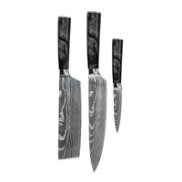 Cuchillos Shinrai - Juego de cuchillos de 3 piezas de ónix epoxi con estampado de Damasco - Cuchillo de chef + cuchillo nakiri + cuchillo para pelar. Juego de cuchillos Shinrai.