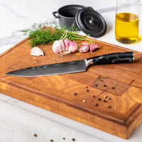 Couteaux Shinrai - Coffret de 4 couteaux en époxy onyx à motif damassé - Couteau de chef + Couteau à pain + Nakiri + Couteau d'office