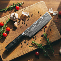 Couteaux Shinrai - Coffret de 4 couteaux en époxy onyx à motif damassé - Couteau de chef + Couteau à pain + Nakiri + Couteau d'office