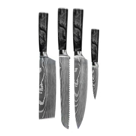 Couteaux Shinrai - Ensemble de 4 couteaux en résine époxy et onyx imprimé Damas - Couteau de chef, couteau à pain, couteau Nakiri et couteau d'office Shinrai Knives - Damascus Print Epoxy Onyx 4-delige Messenset - Koksmes + Broodmes + Nakiri + Schilmes Messenset Shinrai Knives