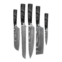 Juego de cuchillos Shinrai - Epoxy Onyx de 5 piezas con estampado de Damasco - Cuchillo de chef + Cuchillo de pan + Nakiri + Santoku pequeño + Cuchillo pelador.