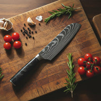 Couteaux Shinrai - Coffret de 5 couteaux en époxy onyx à motif damassé - Couteau de chef + Couteau à pain + Nakiri + Petit Santoku + Couteau d'office