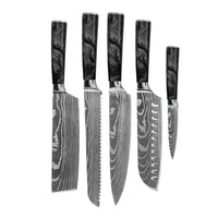 Juego de cuchillos Shinrai - Epoxy Onyx de 5 piezas con estampado de Damasco - Cuchillo de chef + Cuchillo de pan + Nakiri + Santoku + Cuchillo pelador.