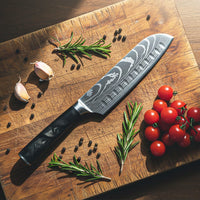 Couteaux Shinrai - Coffret de 5 couteaux en époxy onyx à motif damassé - Couteau de chef + Couteau à pain + Nakiri + Santoku + Couteau d'office