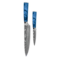 Juego de cuchillos Shinrai - Acero inoxidable con estampado de Damasco y acabado epoxi zafiro (2 piezas) - Cuchillo de chef + cuchillo para pelar.