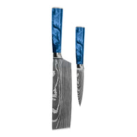 Cuchillos Shinrai - Juego de cuchillos de 2 piezas con estampado de Damasco y acabado epoxi zafiro - Cuchillo Nakiri + Cuchillo pelador Juego de cuchillos Shinrai