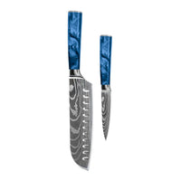 Cuchillos Shinrai - Juego de cuchillos de 2 piezas con estampado de Damasco y acabado epoxi zafiro - Santoku + Cuchillo pelador Juego de cuchillos Shinrai