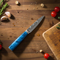 Juego de cuchillos Shinrai - Acero inoxidable con estampado de Damasco y acabado epoxi zafiro, 3 piezas - Cuchillo de chef + Cuchillo para pan + Cuchillo pelador.