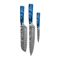 Juego de cuchillos Shinrai - Diseño Damasco Epoxy Sapphire de 3 piezas - Cuchillo de chef + Santoku + Cuchillo pelador.