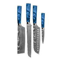 Shinrai Knives - Juego de 4 cuchillos de acero al zafiro epoxi con estampado de Damasco - Santoku + cuchillo para pan + nakiri + cuchillo para pelar. Juego de cuchillos Shinrai Knives