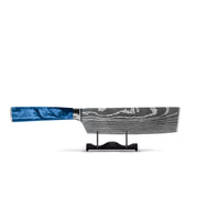 Juego de cuchillos Shinrai - Acero inoxidable con estampado de Damasco y acabado epoxi zafiro, 5 piezas - Cuchillo de chef + Cuchillo para pan + Cuchillo nakiri + Cuchillo santoku pequeño + Cuchillo pelador.