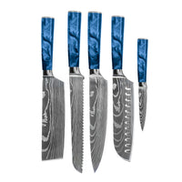Juego de cuchillos Shinrai - Acero inoxidable con estampado de Damasco y acabado epoxi zafiro, 5 piezas - Cuchillo de chef + Cuchillo para pan + Cuchillo nakiri + Cuchillo santoku + Cuchillo pelador.