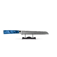 Juego de cuchillos Shinrai - Acero inoxidable con estampado de Damasco y acabado epoxi zafiro, 5 piezas - Cuchillo de chef + Cuchillo para pan + Cuchillo nakiri + Cuchillo santoku + Cuchillo pelador.