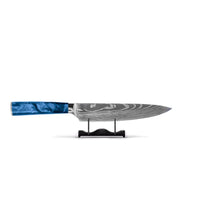 Juego de cuchillos Shinrai - Acero inoxidable con estampado de Damasco y acabado epoxi zafiro, 5 piezas - Cuchillo de chef + Cuchillo para pan + Cuchillo nakiri + Cuchillo santoku + Cuchillo pelador.