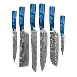 Zafiro epoxi con estampado japonés de Damasco - Juego de cuchillos de 6 piezas Shinrai Knives - Damascus Print Epoxy Sapphire - 6-delige Messenset Messenset Shinrai Knives