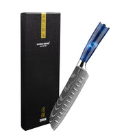 Cuchillos Shinrai - Cuchillo Santoku con estampado Damasco Epoxi Zafiro Cuchillo Santoku de 18 cm Cuchillos Shinrai