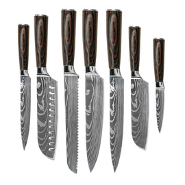 Shinrai Japón - Damascus Print juego de cuchillos de 7 piezas  Shinrai Knives - Damascus Print Mega Bundel - All you need Messenset met blok, snijplank en slijpsteen Shinrai Knives