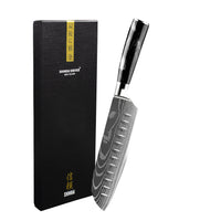 Cuchillos Shinrai - Cuchillo Santoku de 18 cm con ónix y estampado de Damasco, fabricado en resina epoxi.