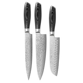 Shinrai Japan - Juego de cuchillos de madera Damasco Pakka de 3 piezas Shinrai Knives - Damast Pakka Wood 3-Delige Messenset Messenset Shinrai Knives