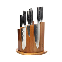 Shinrai Knives - Juego de 6 cuchillos de madera de Damasco Pakka + Bloque magnético para cuchillos Scalae - Juego de cuchillos de madera de acacia con bloque Shinrai Knives