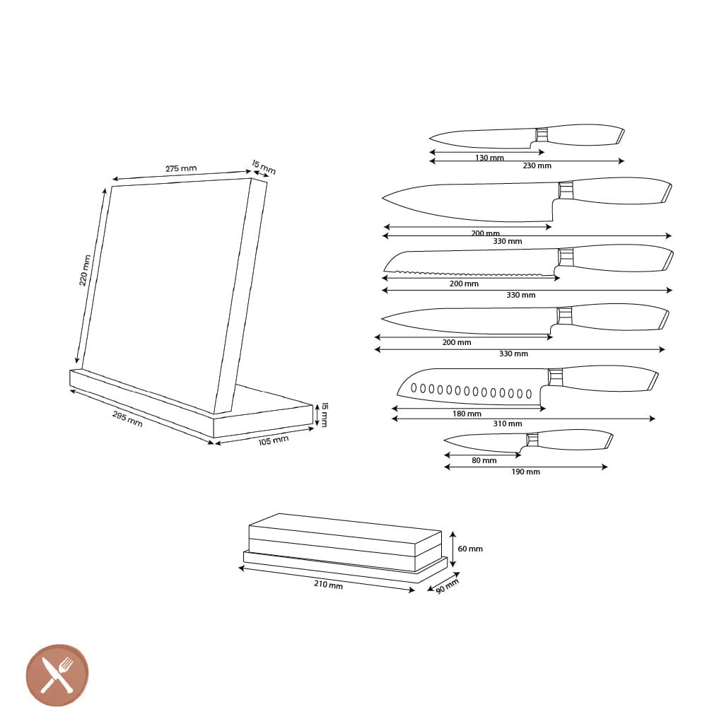 Cuchillos Shinrai - Juego de 6 cuchillos de madera de Damasco Pakka + Bloque para cuchillos + Piedra de afilar Juego de cuchillos con bloque y piedra de afilar Cuchillos Shinrai