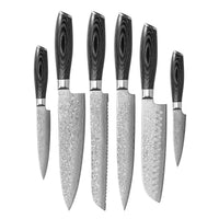 Couteaux Shinrai - Coffret complet en bois de Damas Pakka - Ensemble de couteaux complet avec bloc, planche à découper et pierre à aiguiser