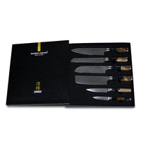 Shinrai Knives - Juego de 6 cuchillos de Damasco Epoxy Onyx + Bloque magnético para cuchillos Scalae - Juego de cuchillos de madera de acacia con bloque Shinrai Knives