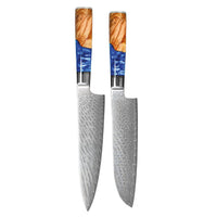 Shinrai Knives - Juego de cuchillos de Damasco de 2 piezas con acabado de zafiro epoxi - Cuchillo de chef + cuchillo Santoku Shinrai Knives